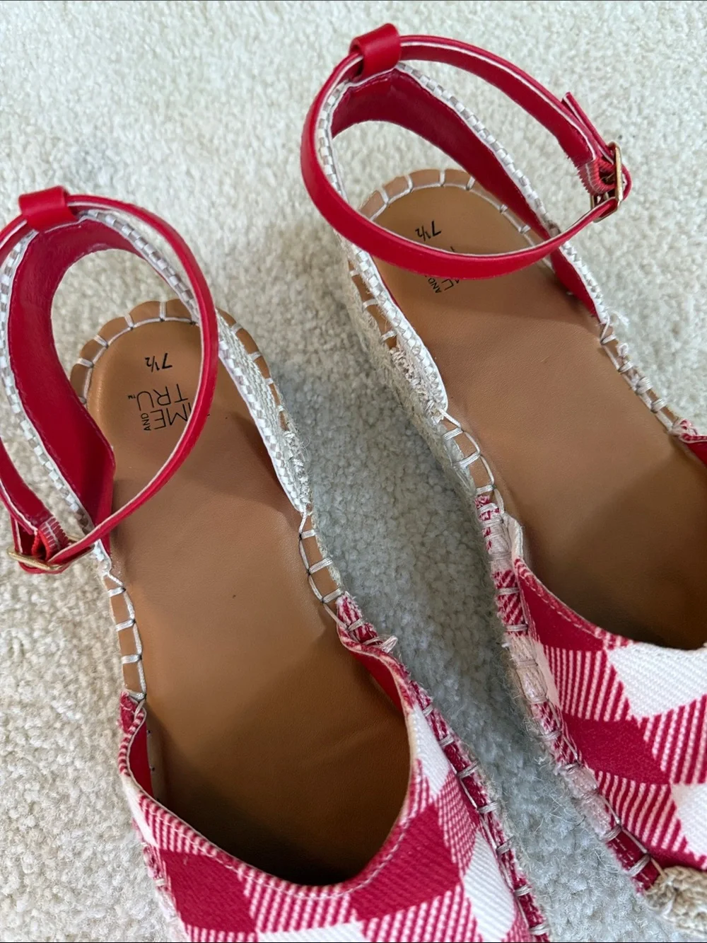 Time and Tru Red and White Gingham Espadrille Sandals with Ankle Strap